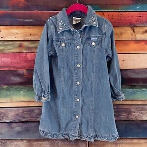 OshKosh Denim Dress Long Sleeve Snap Up Front Ruffle Hem Girls Size 4/5